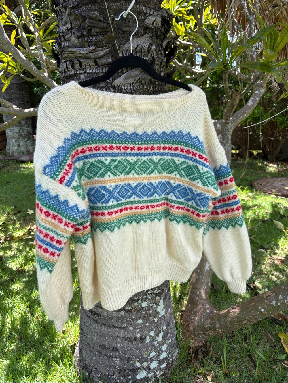 Drop Sleeve Handmade Cream Fair Isle Crewneck Sweater with Boat Neck